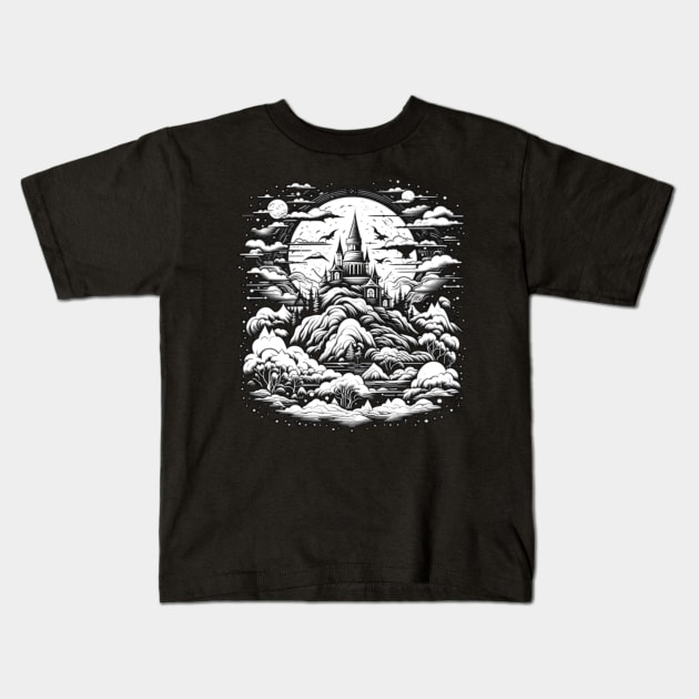 White Night On A Psychedelic Haunted Castle Kids T-Shirt by vystudio